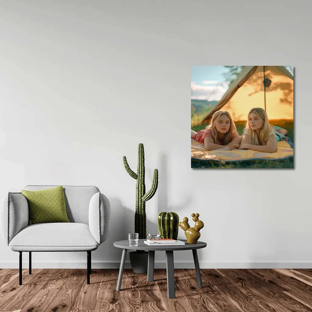 Two Girls Relaxing by Camping Tent – Wall Art