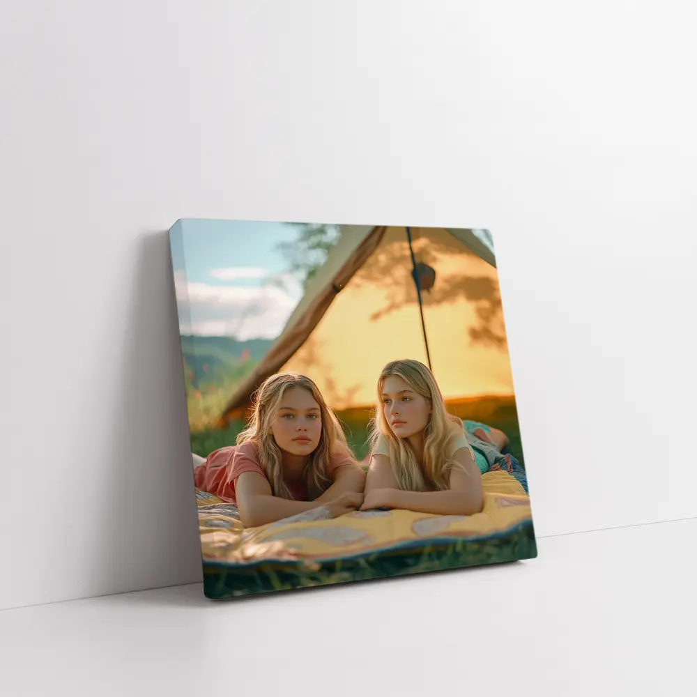 Two Girls Relaxing by Camping Tent – Wall Art