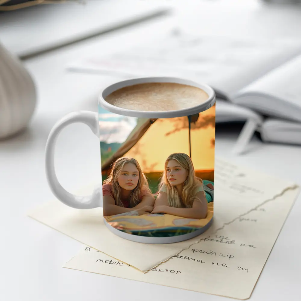 Two Girls Relaxing by Camping Tent – Mugs