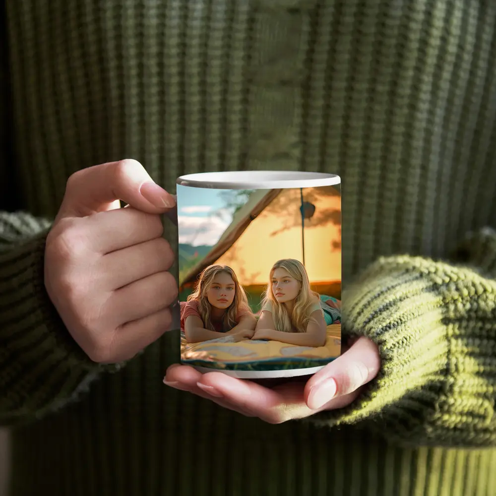 Two Girls Relaxing by Camping Tent – Mugs