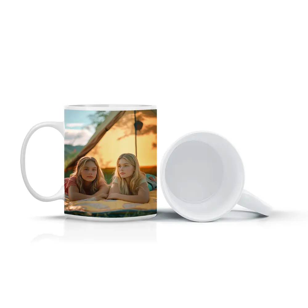 Two Girls Relaxing by Camping Tent – Mugs