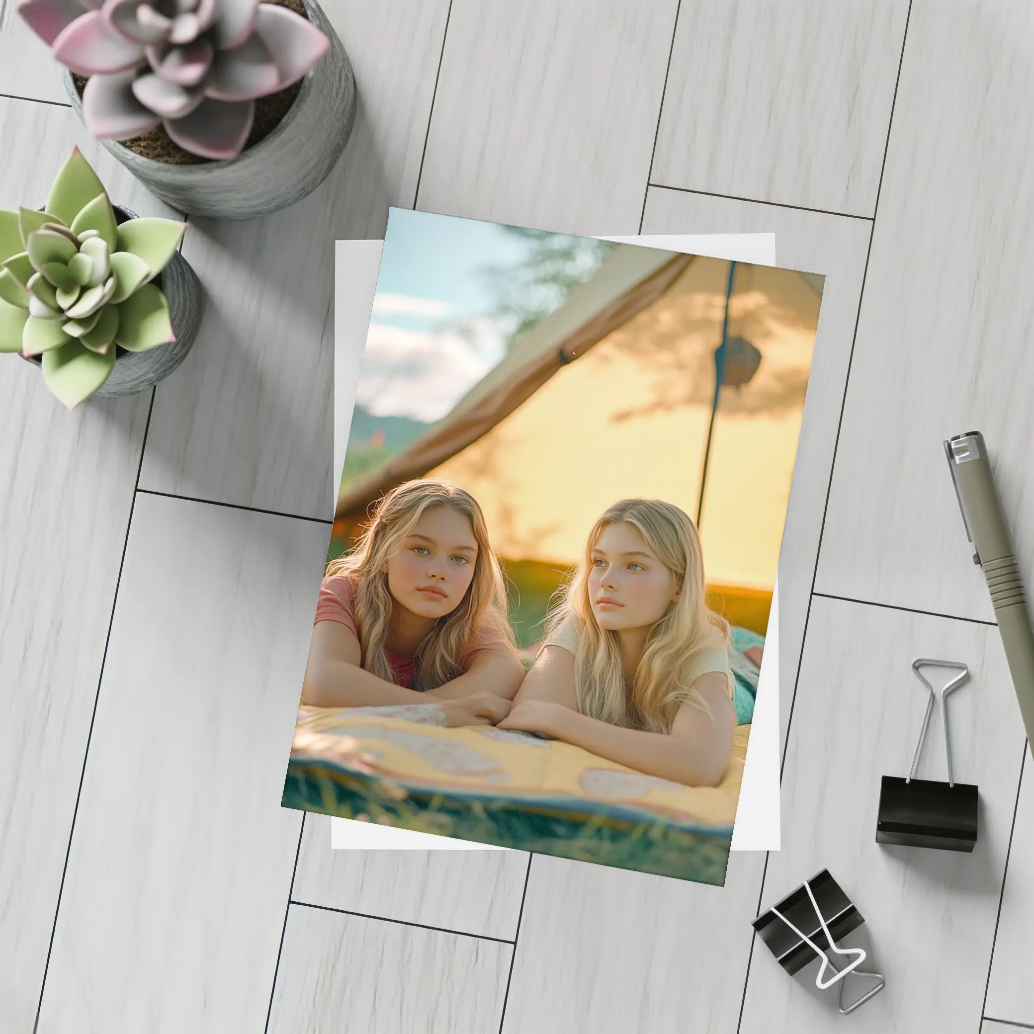 Two Girls Relaxing by Camping Tent – Postcards