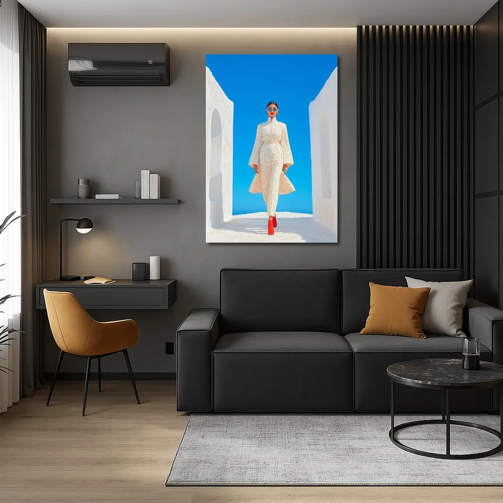 Fashion Woman White Dress Blue Sky – Wall Art