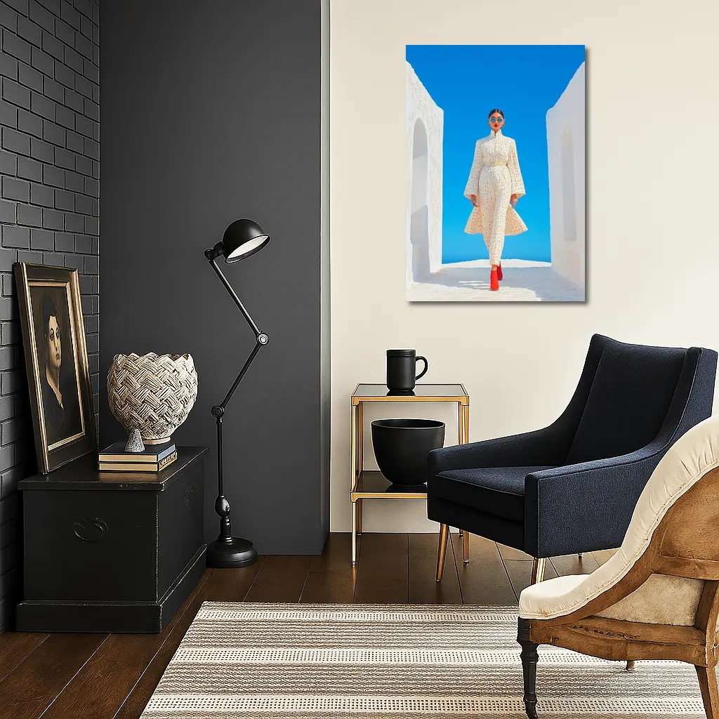 Fashion Woman White Dress Blue Sky – Wall Art