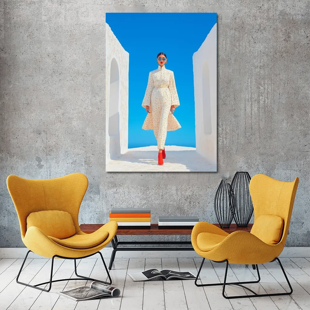 Fashion Woman White Dress Blue Sky – Wall Art