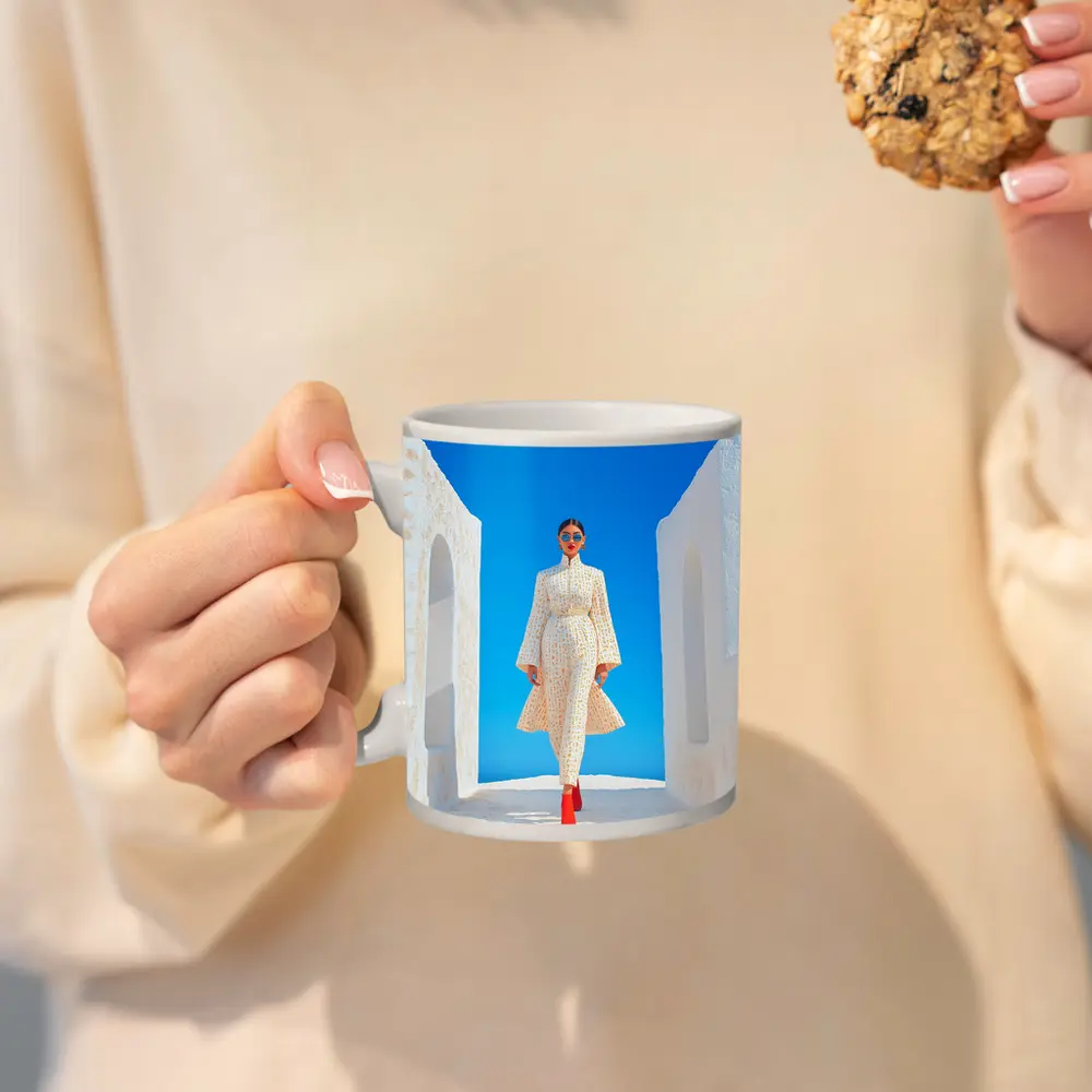 Fashion Woman White Dress Blue Sky – Mugs