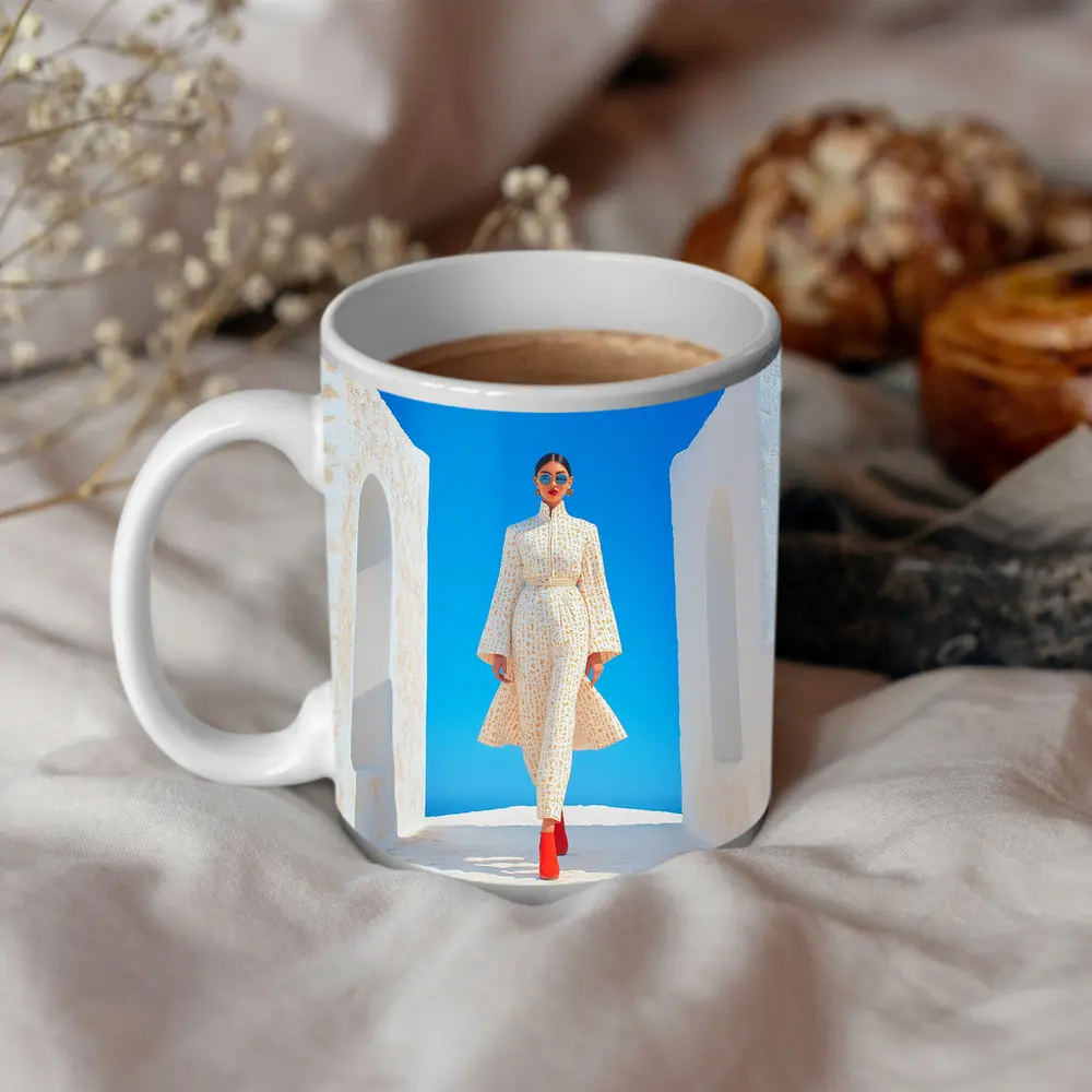 Fashion Woman White Dress Blue Sky – Mugs