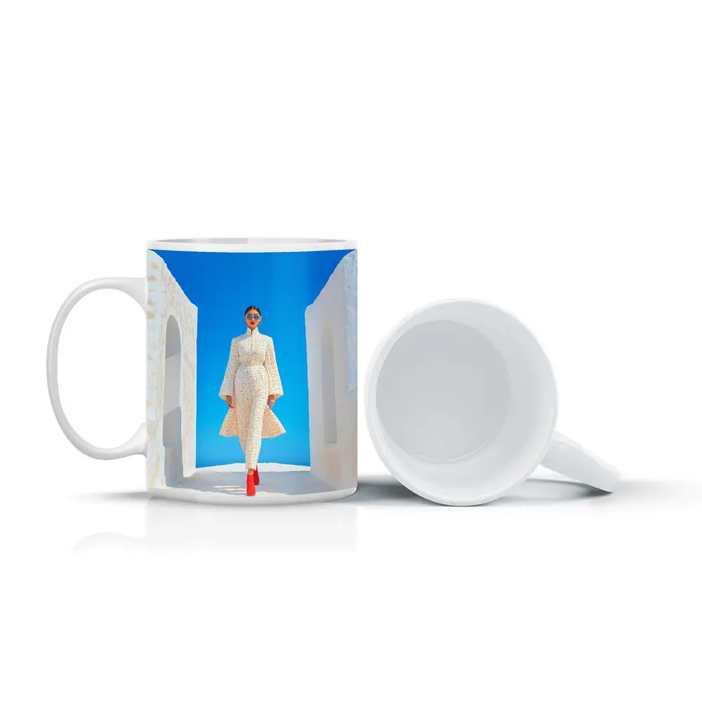 Fashion Woman White Dress Blue Sky – Mugs