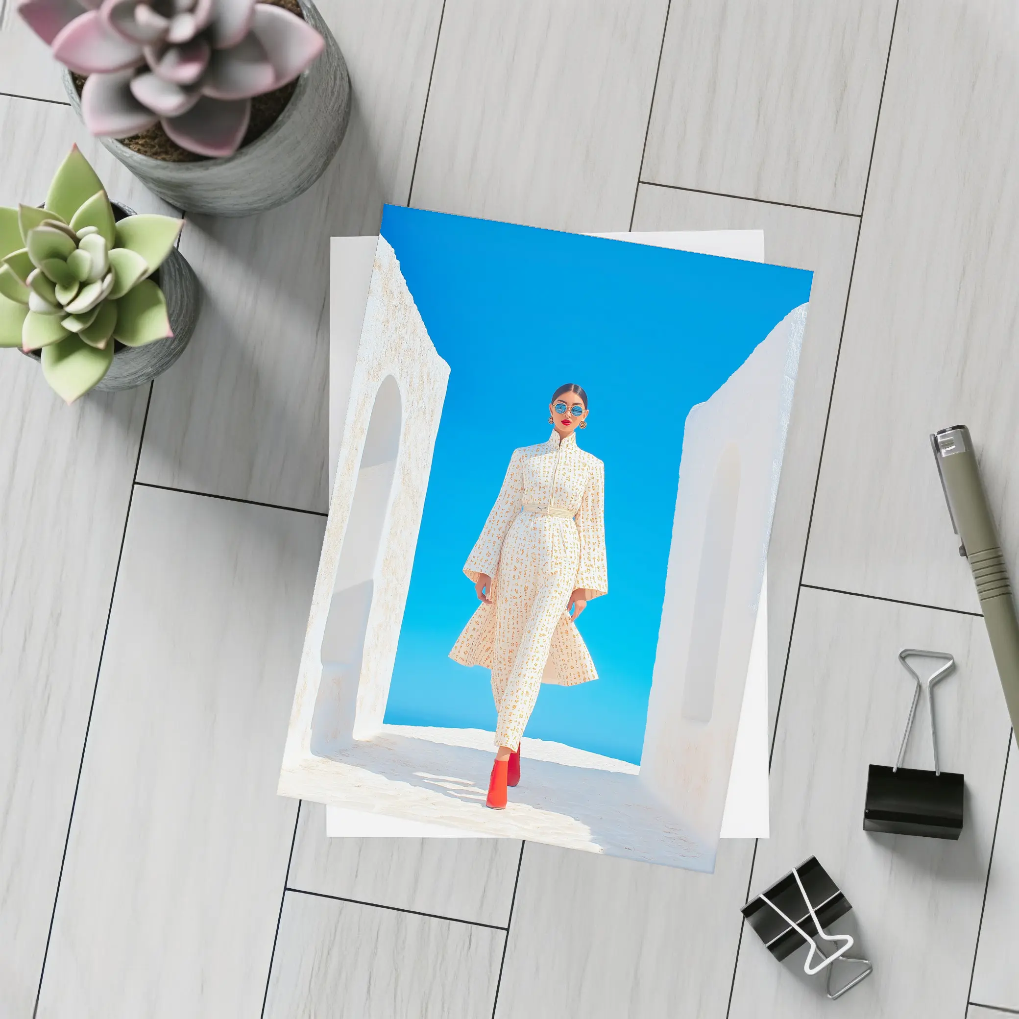 Fashion Woman White Dress Blue Sky – Postcards