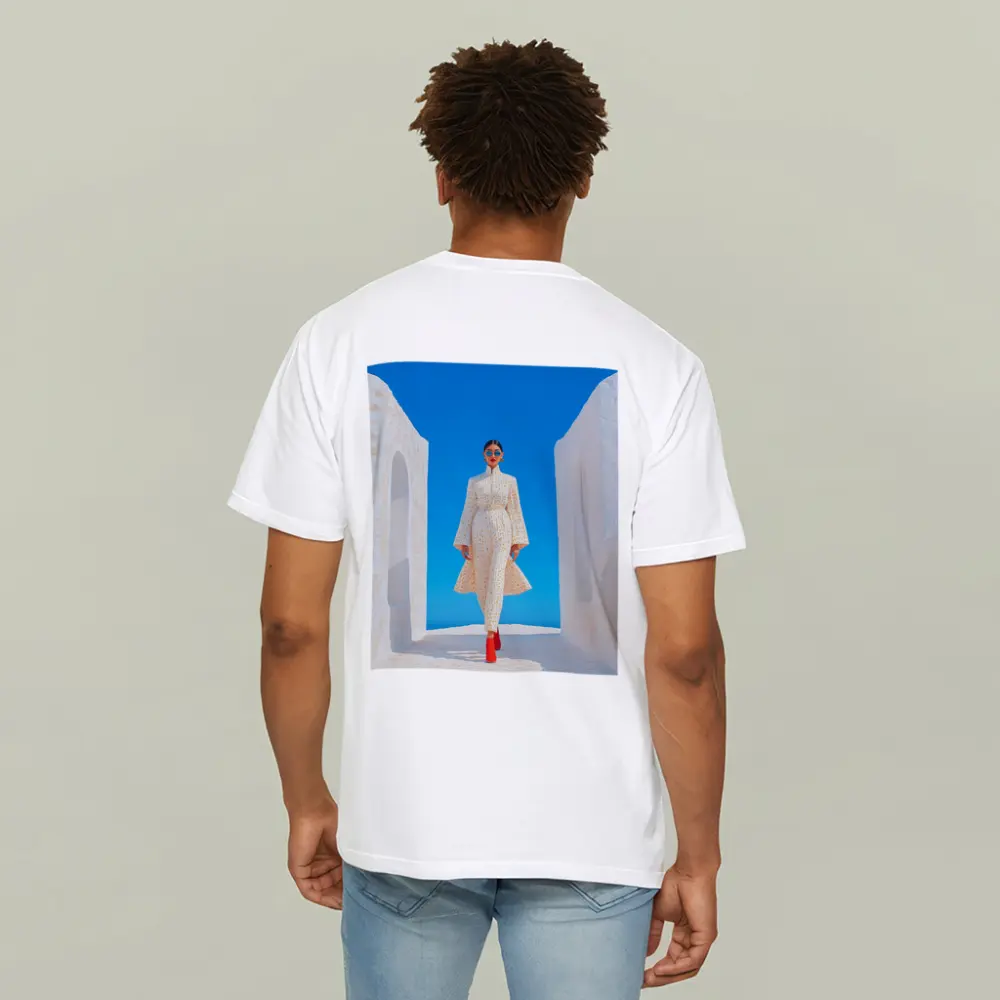 Fashion Woman White Dress Blue Sky – T-Shirts