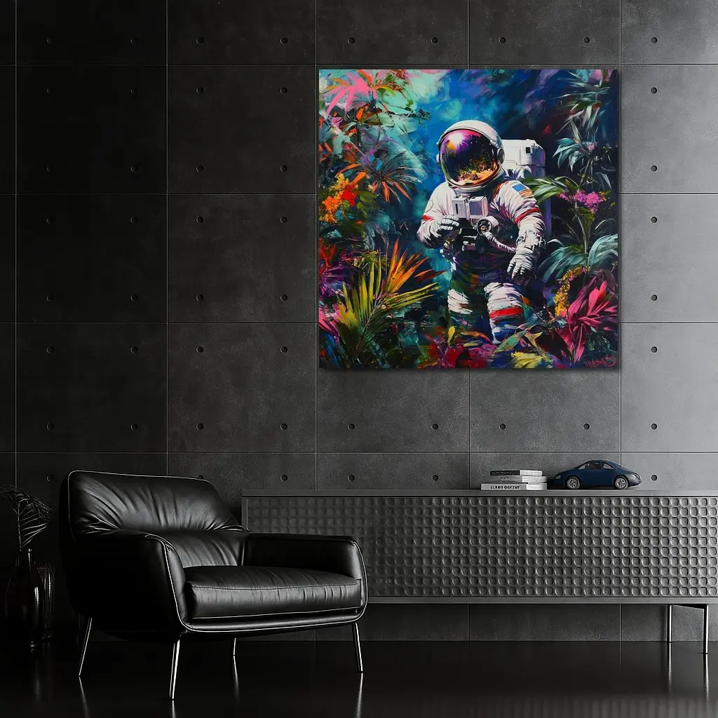 Astronaut Photographer In Colorful Tropical Jungle – Wall Art