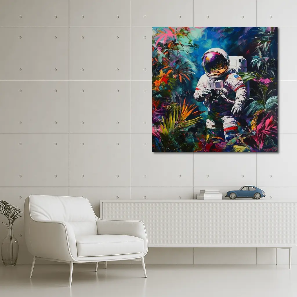 Astronaut Photographer In Colorful Tropical Jungle – Wall Art