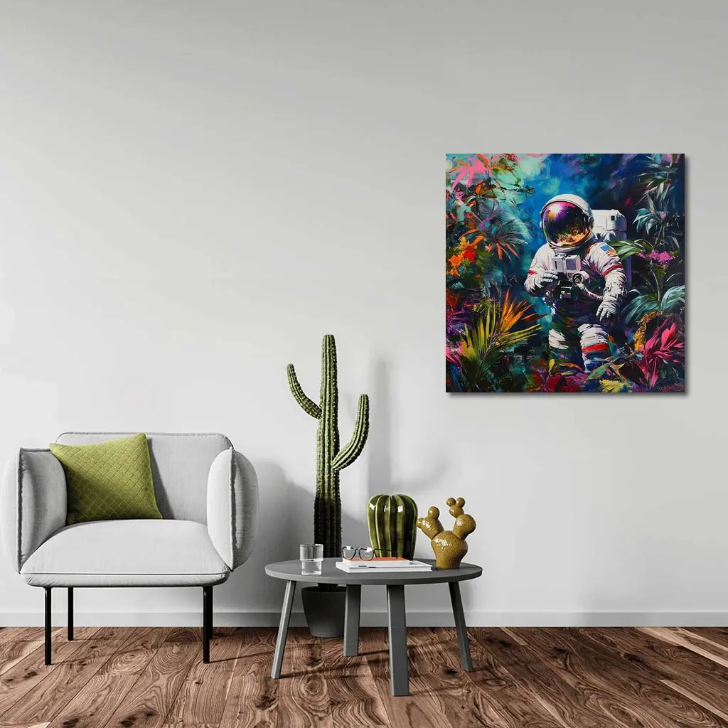 Astronaut Photographer In Colorful Tropical Jungle – Wall Art