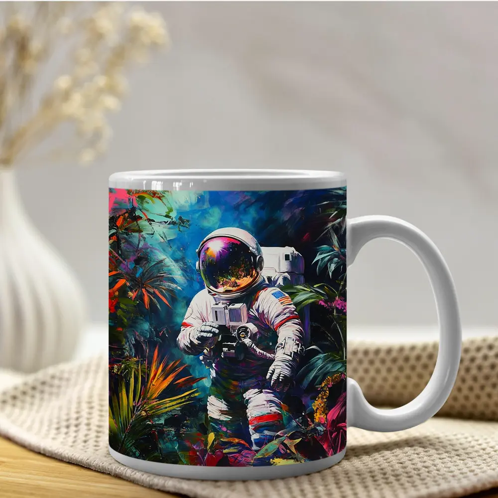Astronaut Photographer In Colorful Tropical Jungle – Mugs