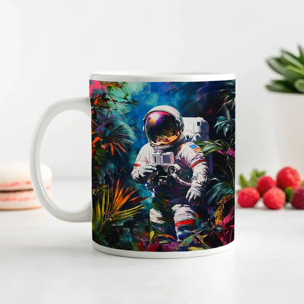 Astronaut Photographer In Colorful Tropical Jungle – Mugs