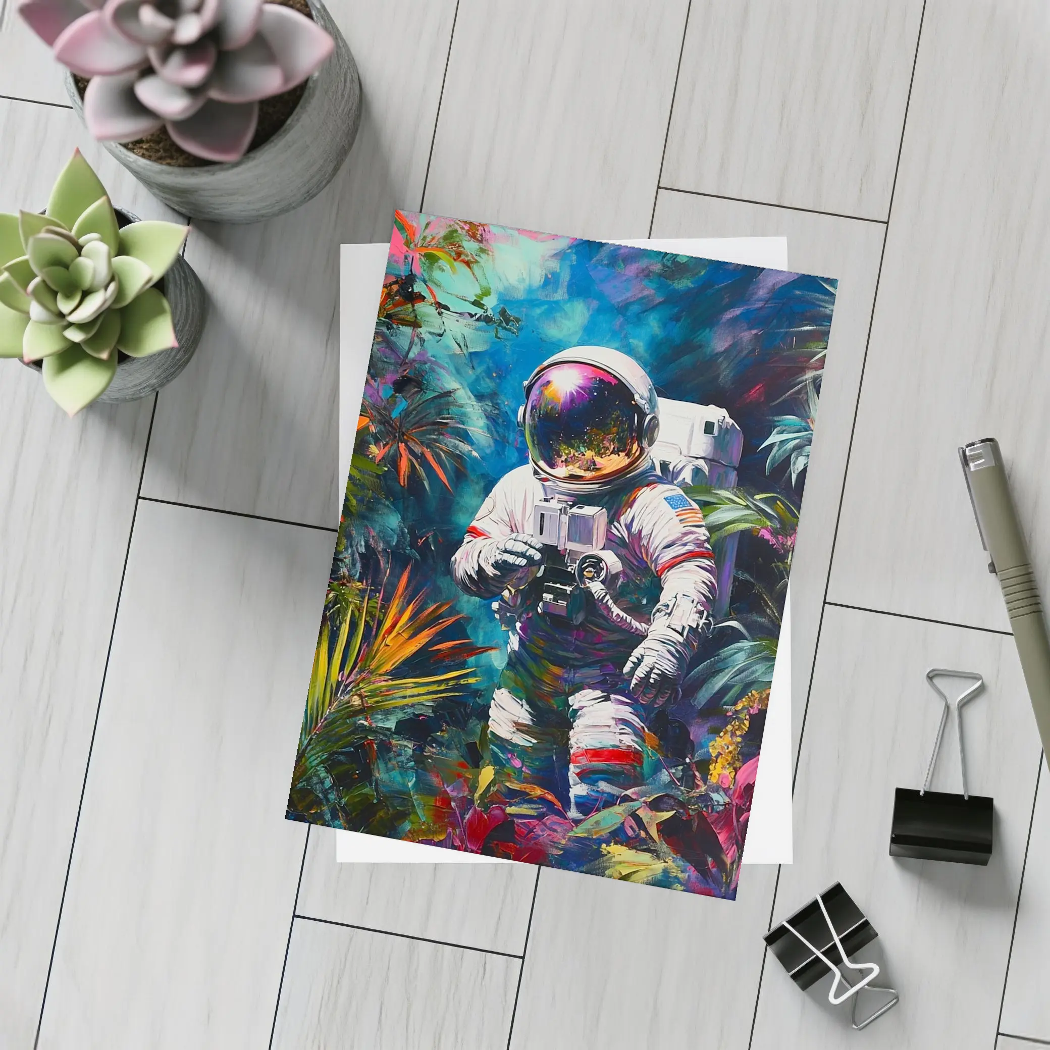 Astronaut Photographer In Colorful Tropical Jungle – Postcards