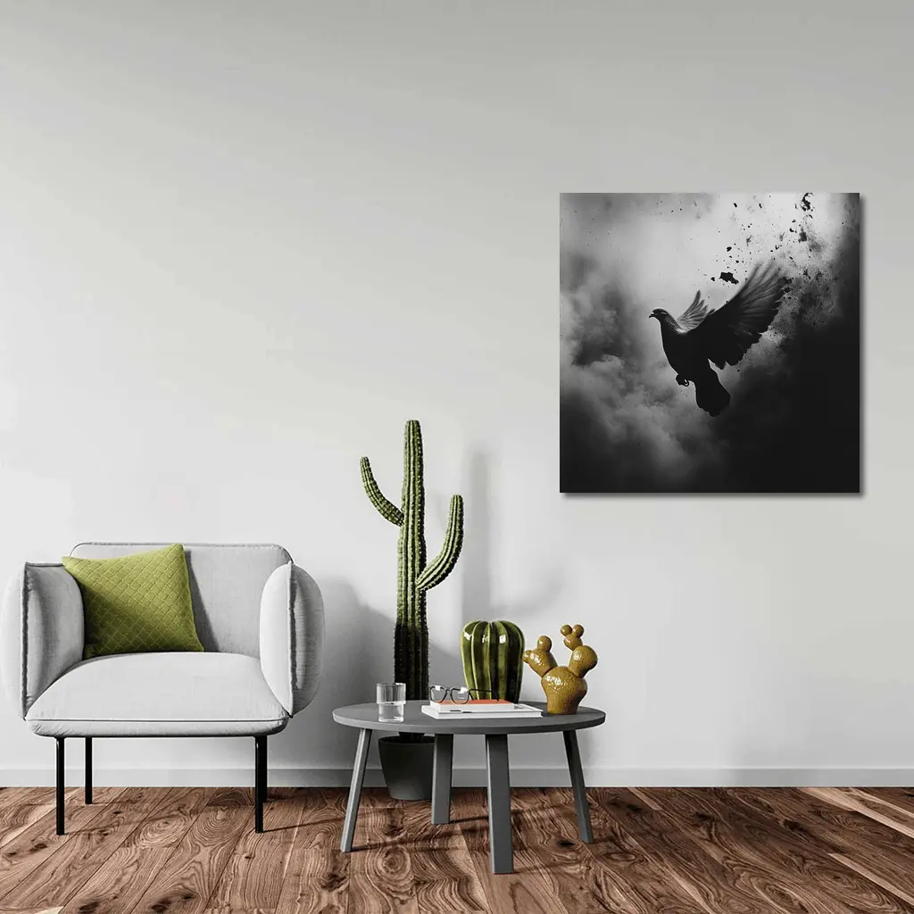 Dark Dove Flying Through Smoky Storm Clouds – Wall Art