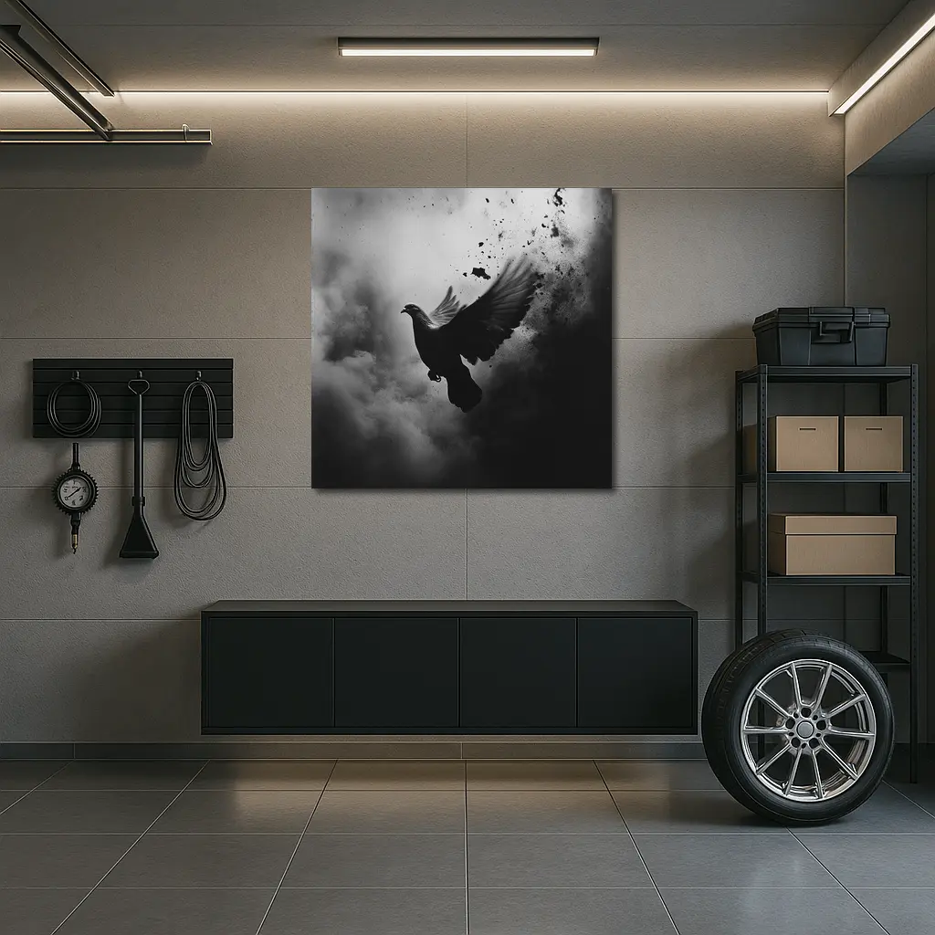 Dark Dove Flying Through Smoky Storm Clouds – Wall Art