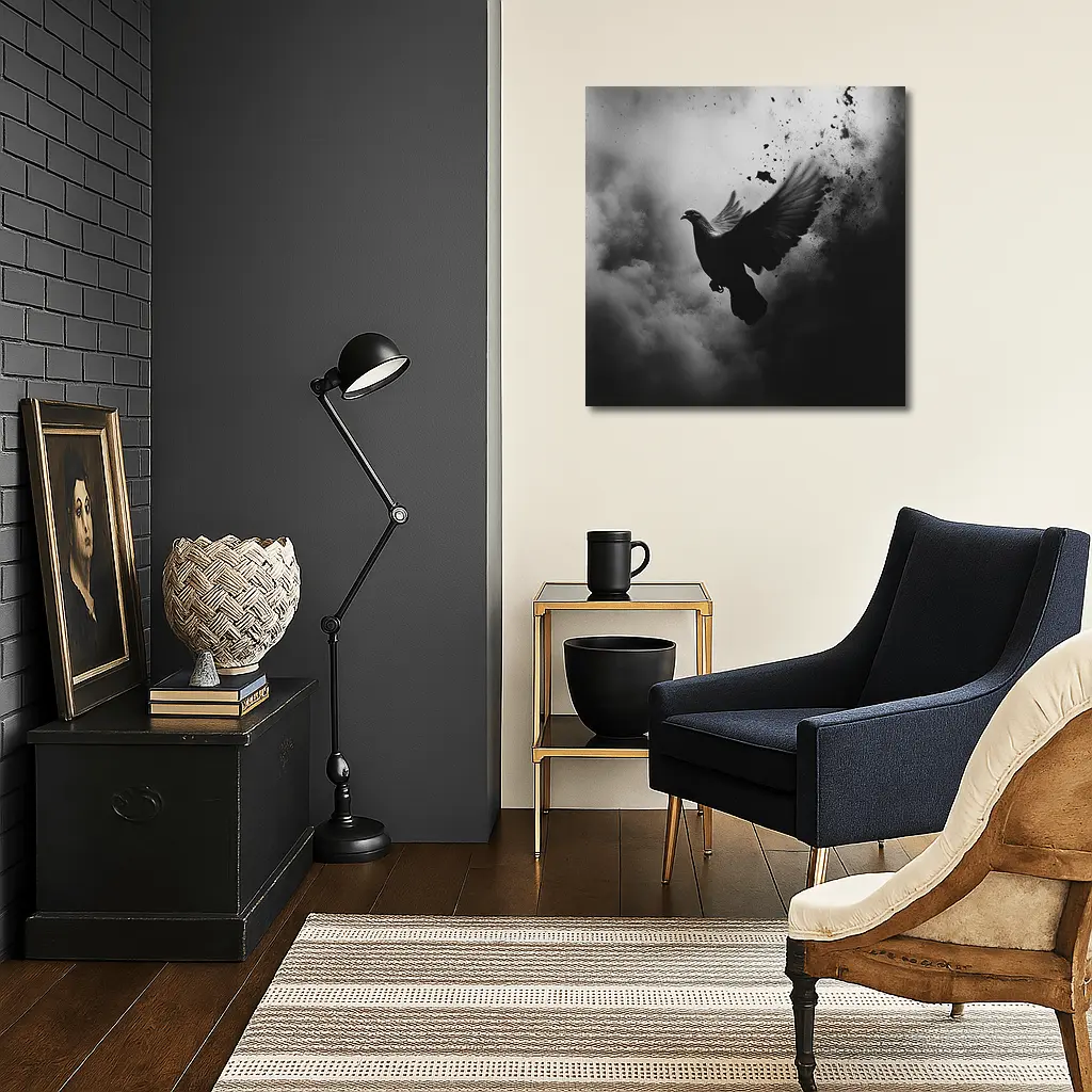 Dark Dove Flying Through Smoky Storm Clouds – Wall Art