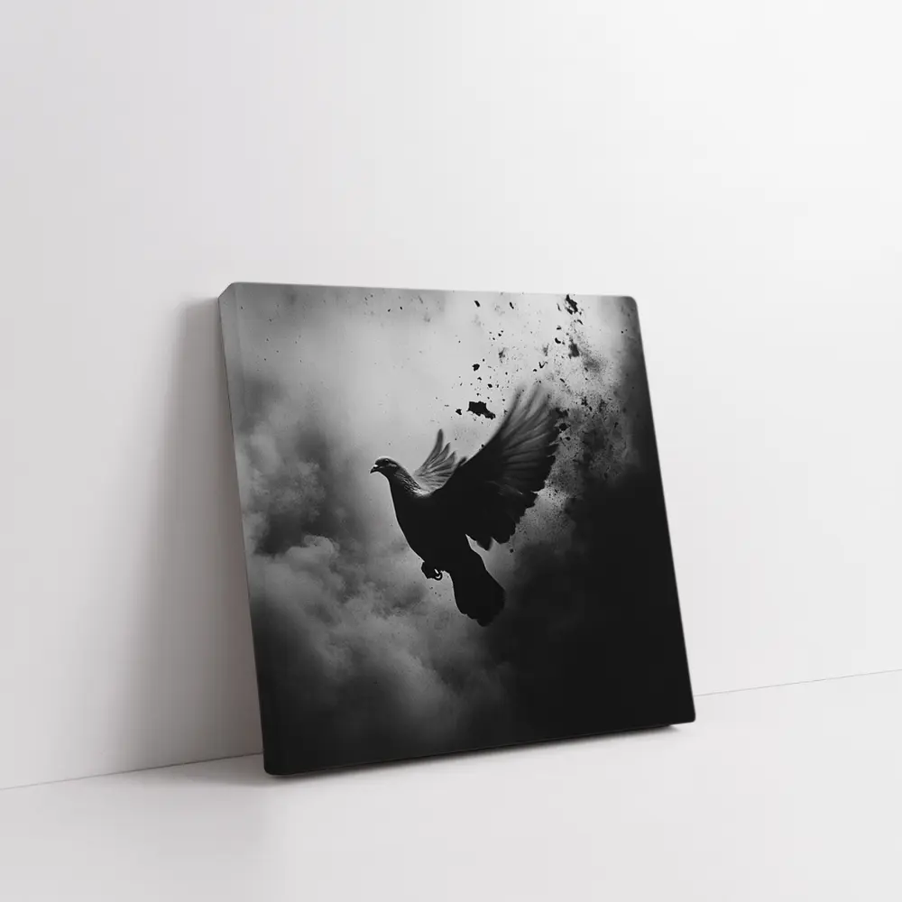 Dark Dove Flying Through Smoky Storm Clouds – Wall Art