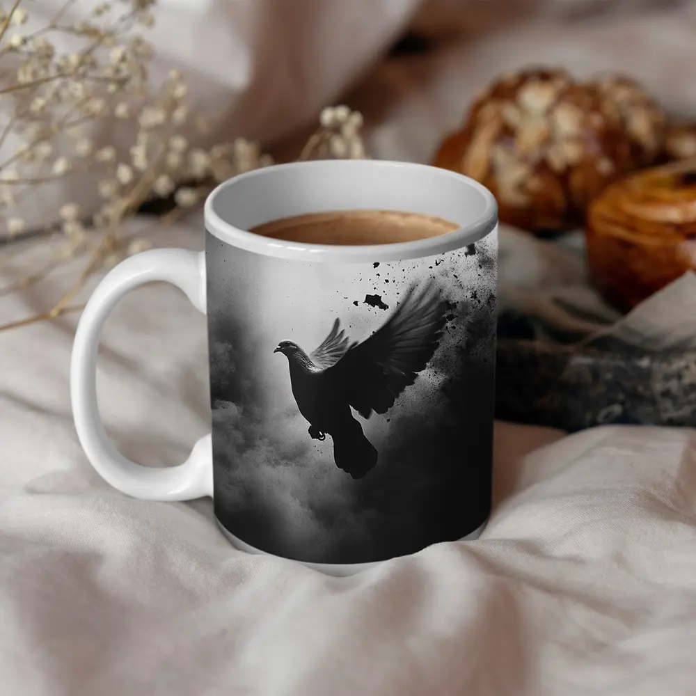 Dark Dove Flying Through Smoky Storm Clouds – Mugs