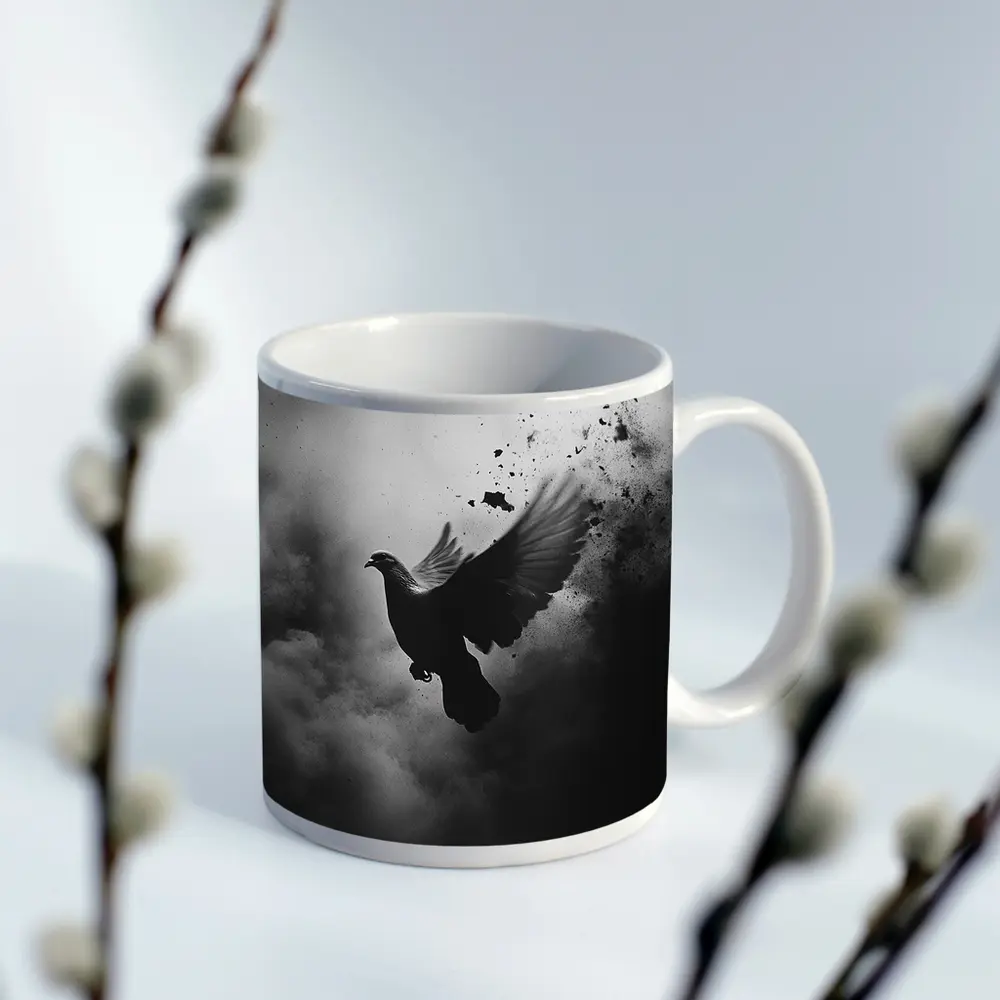 Dark Dove Flying Through Smoky Storm Clouds – Mugs