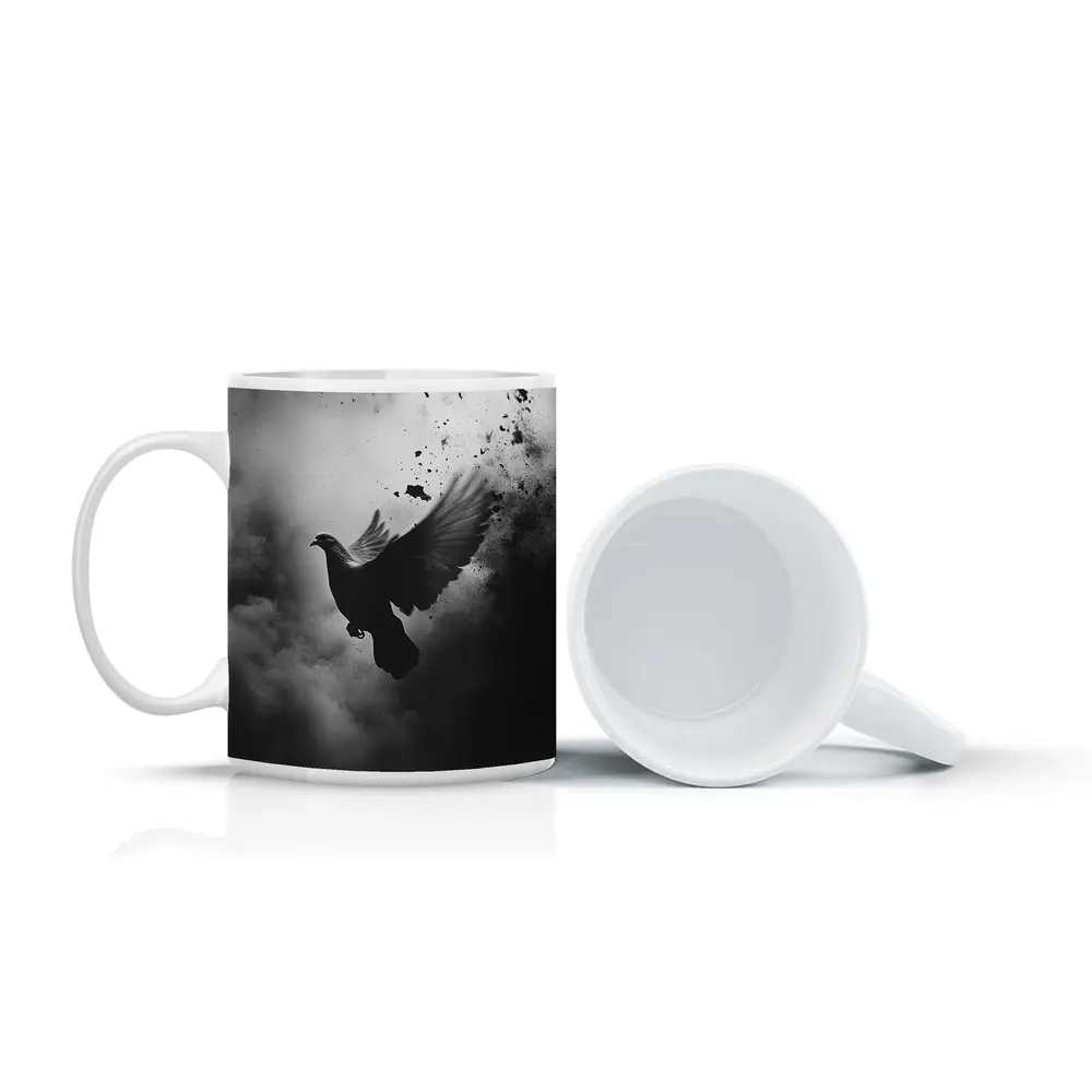 Dark Dove Flying Through Smoky Storm Clouds – Mugs