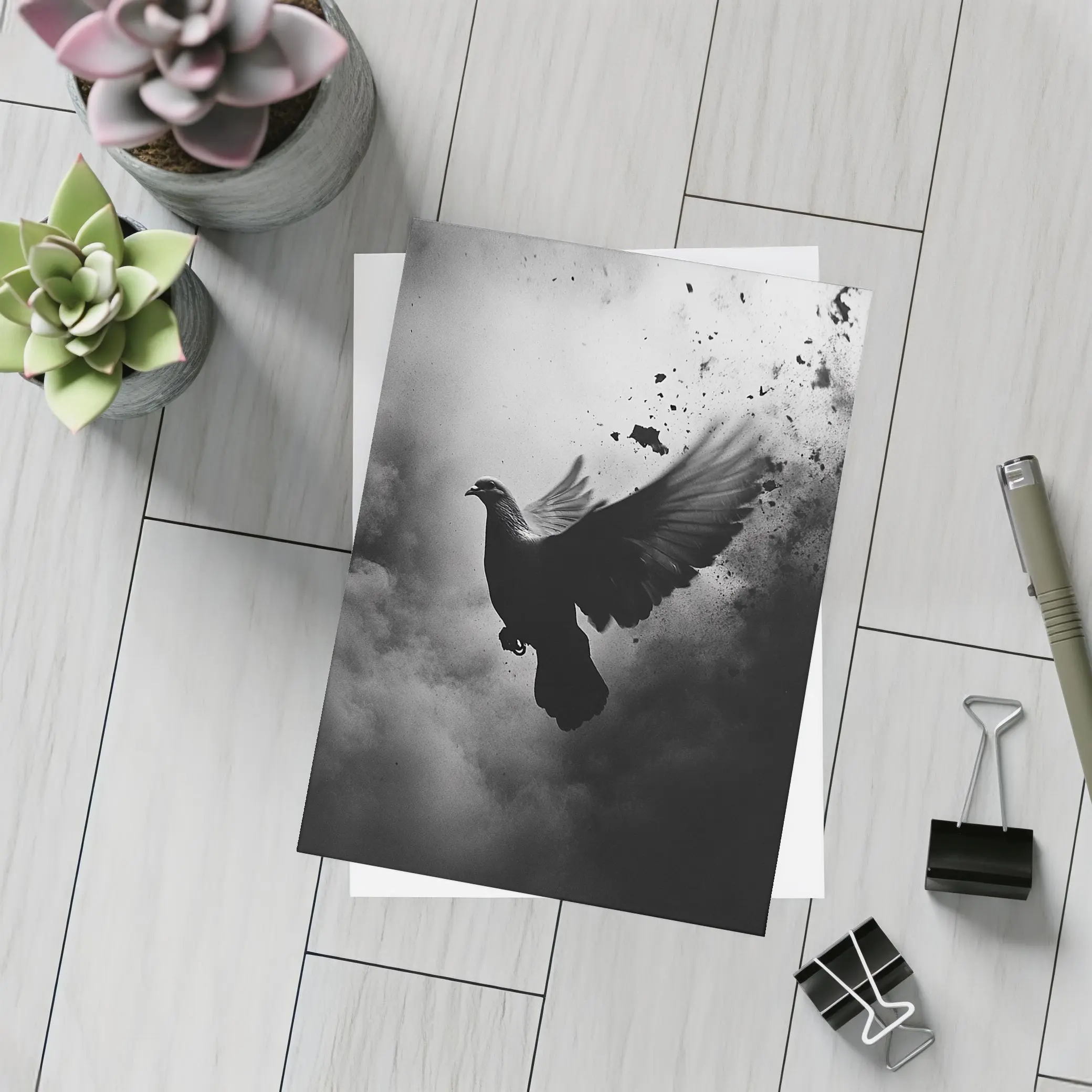 Dark Dove Flying Through Smoky Storm Clouds – Postcards