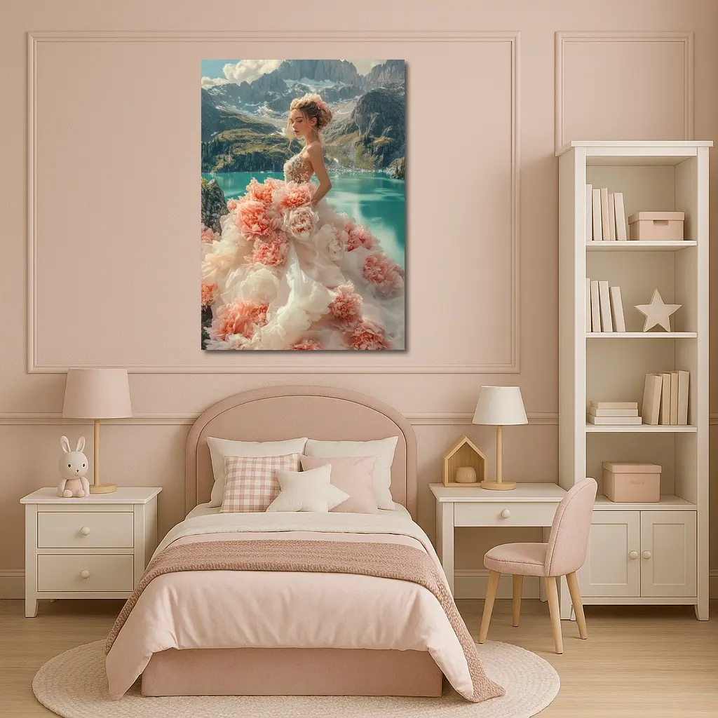 Woman Peony Gown Mountain Lake Fantasy – Wall Art