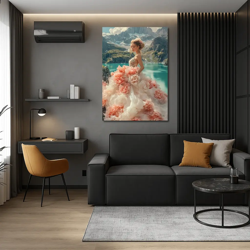 Woman Peony Gown Mountain Lake Fantasy – Wall Art