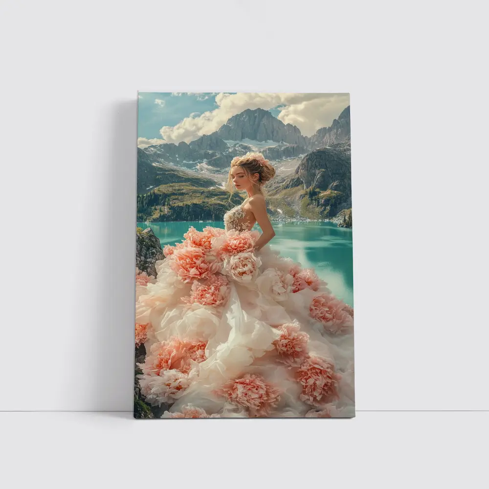 Woman Peony Gown Mountain Lake Fantasy – Wall Art