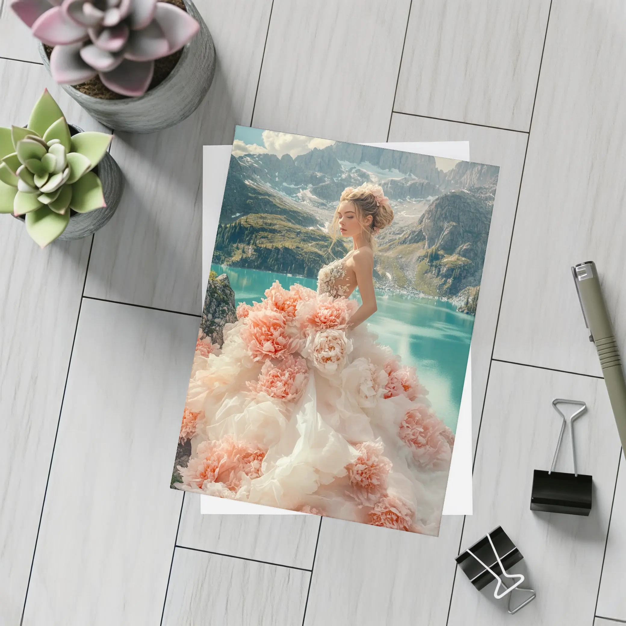 Woman Peony Gown Mountain Lake Fantasy – Postcards