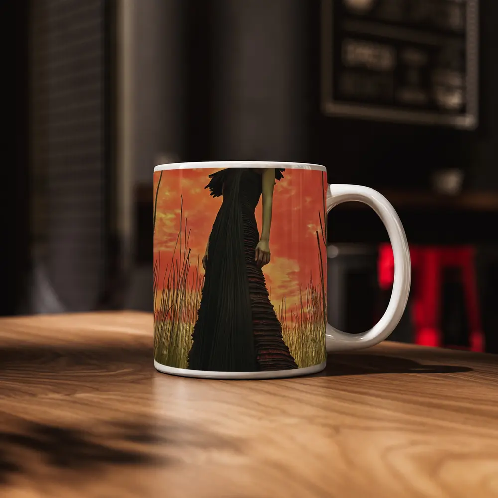 Dark Gown Fashion Portrait Red Sky – Mugs