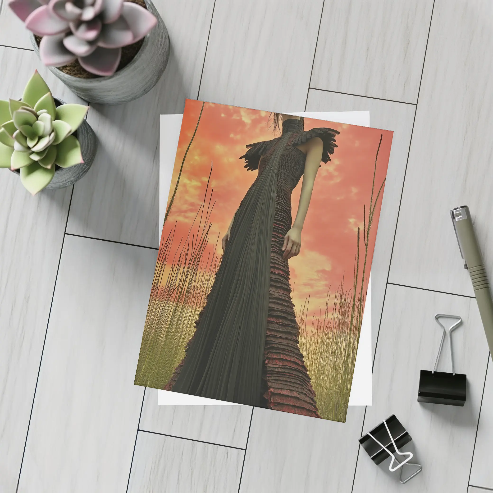 Dark Gown Fashion Portrait Red Sky – Postcards