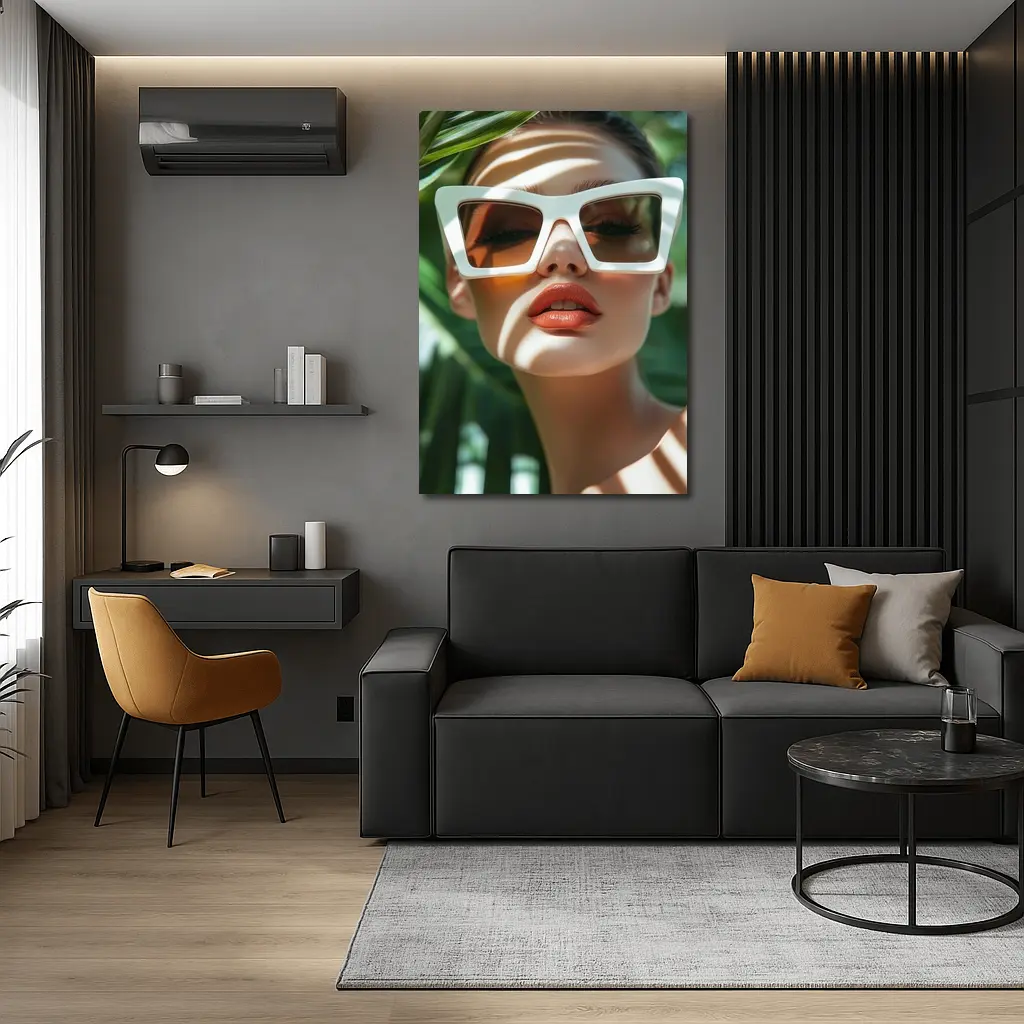 Woman White Sunglasses Tropical Palm Leaves – Wall Art