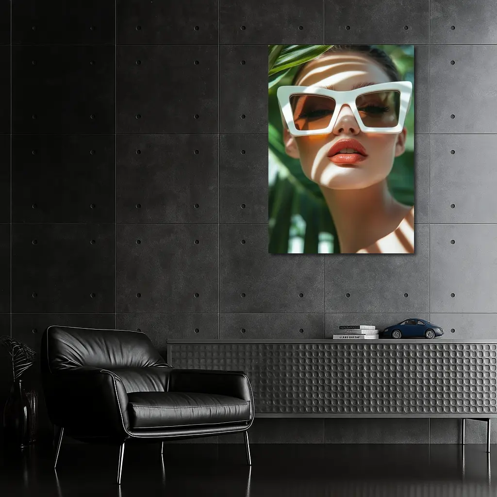 Woman White Sunglasses Tropical Palm Leaves – Wall Art