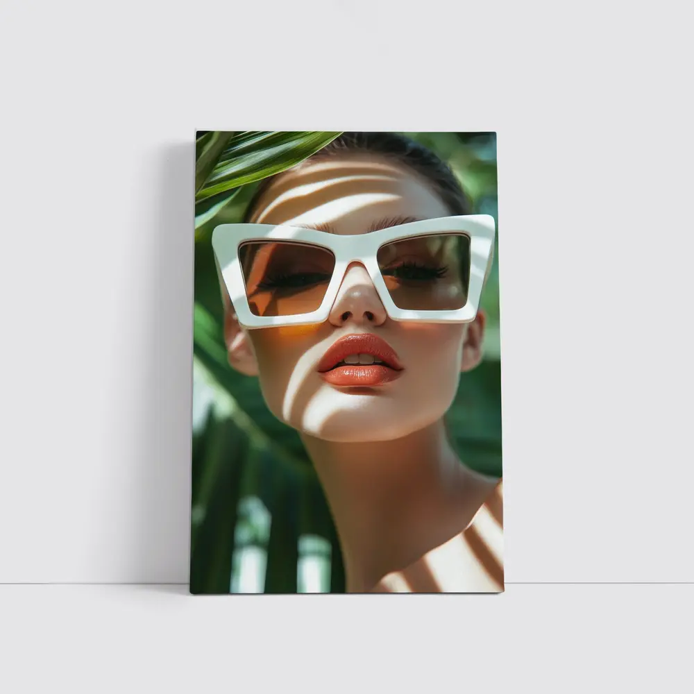 Woman White Sunglasses Tropical Palm Leaves – Wall Art