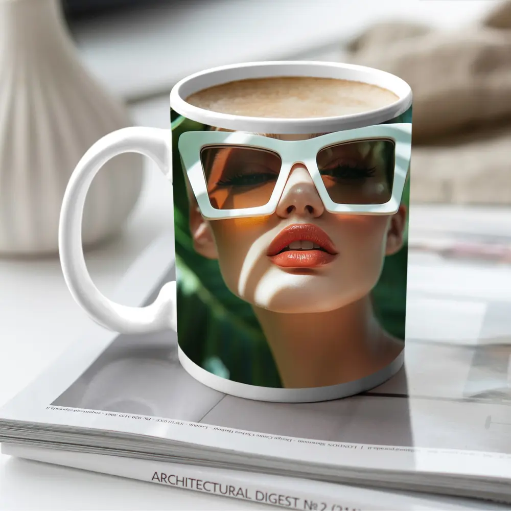 Woman White Sunglasses Tropical Palm Leaves – Mugs