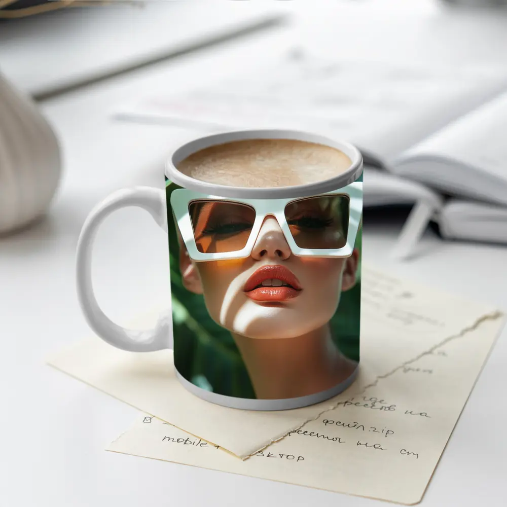 Woman White Sunglasses Tropical Palm Leaves – Mugs