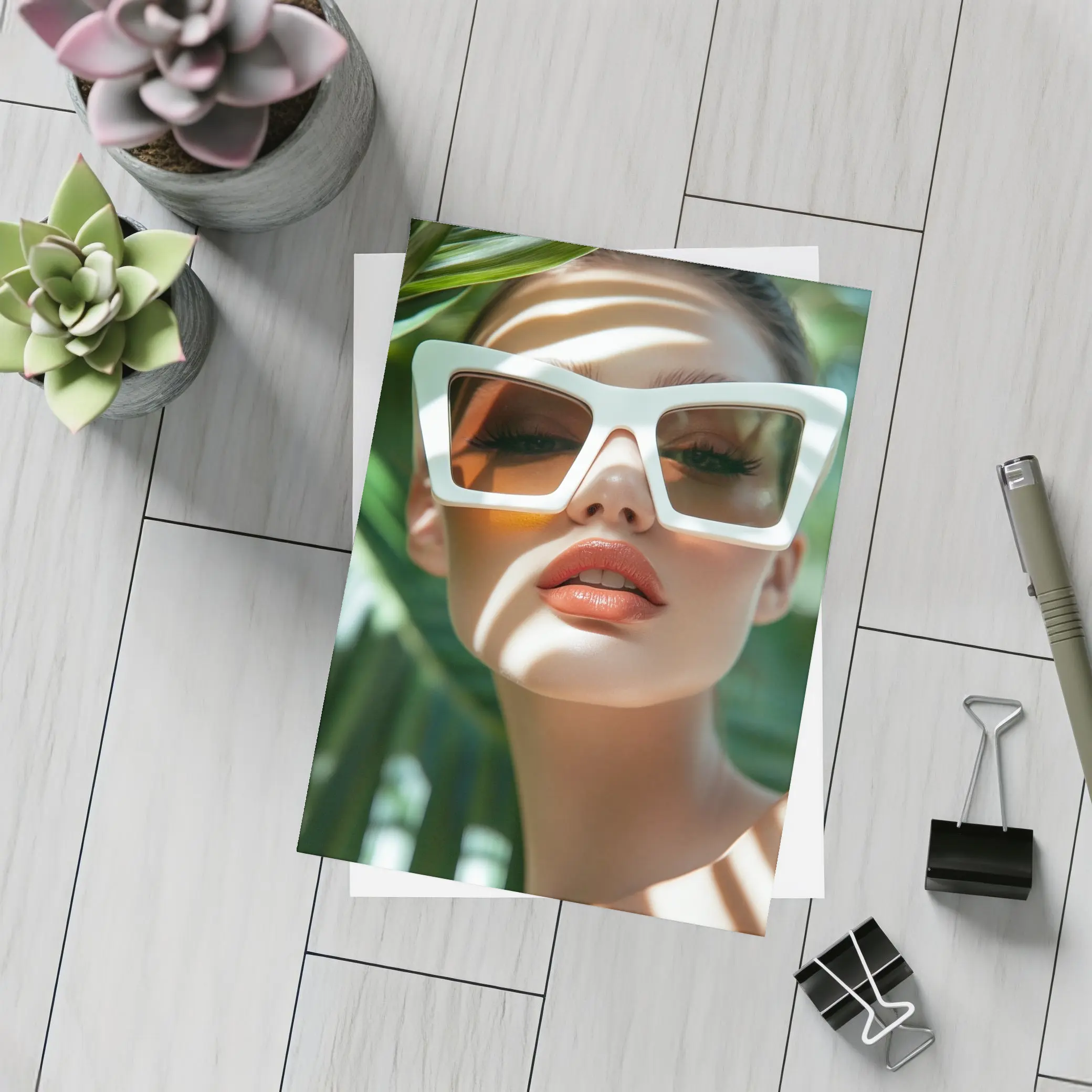 Woman White Sunglasses Tropical Palm Leaves – Postcards