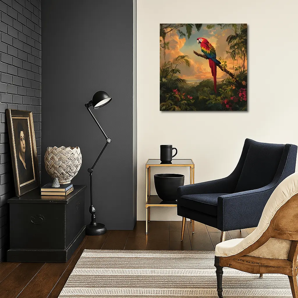 Scarlet Macaw Perched Tropical Jungle Sunset – Wall Art