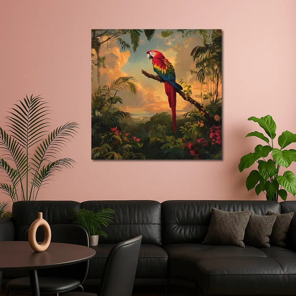 Scarlet Macaw Perched Tropical Jungle Sunset – Wall Art