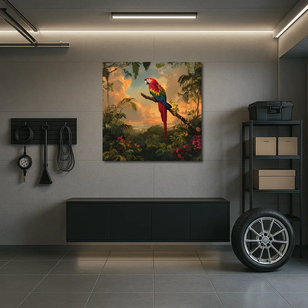 Scarlet Macaw Perched Tropical Jungle Sunset – Wall Art
