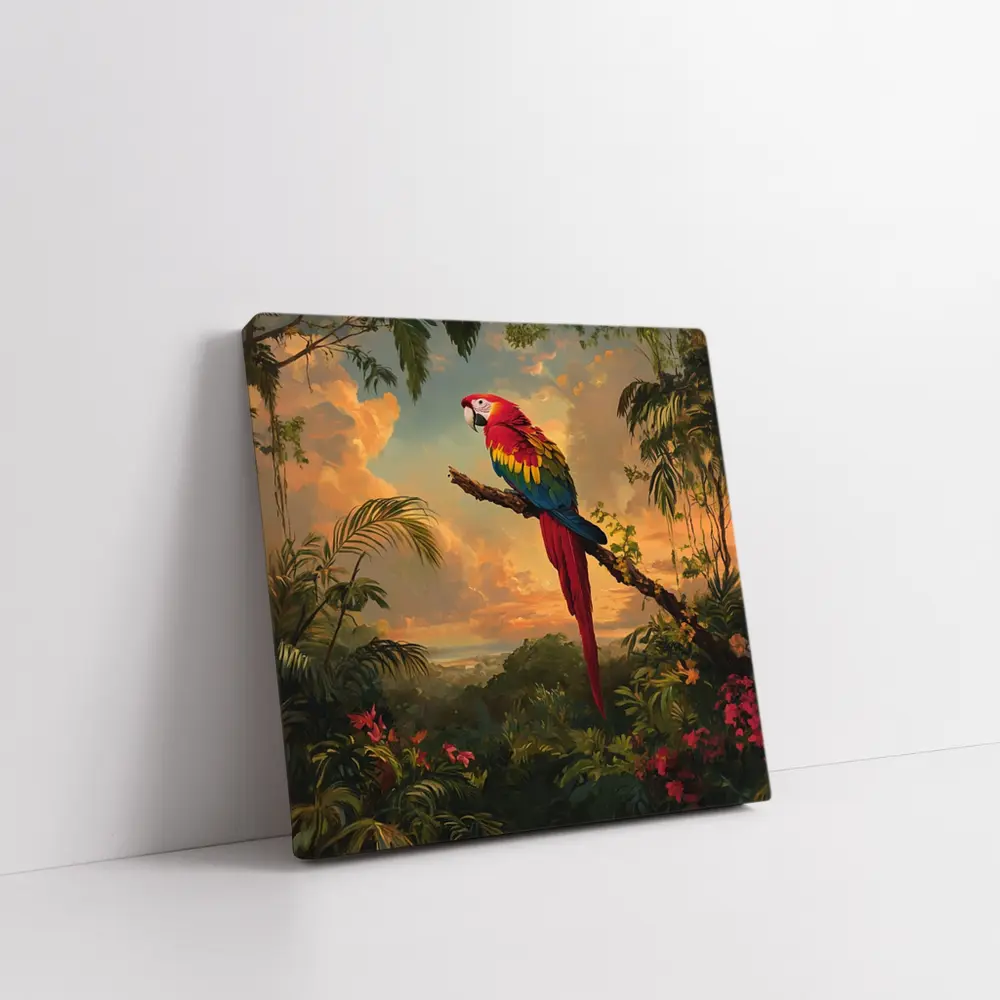 Scarlet Macaw Perched Tropical Jungle Sunset – Wall Art