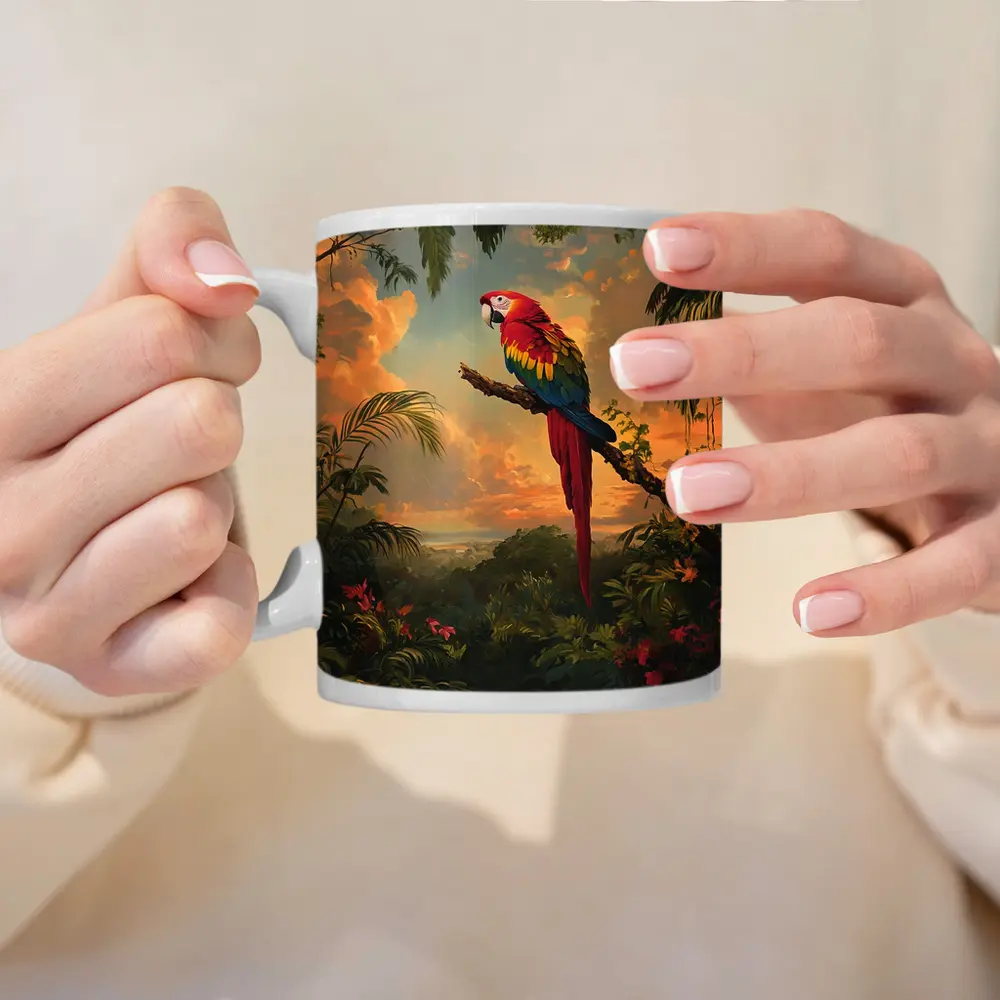Scarlet Macaw Perched Tropical Jungle Sunset – Mugs