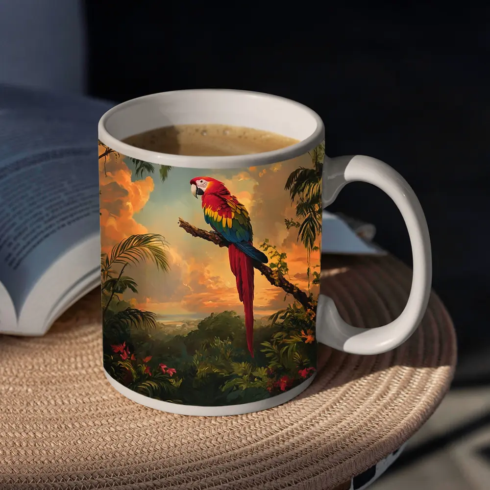 Scarlet Macaw Perched Tropical Jungle Sunset – Mugs