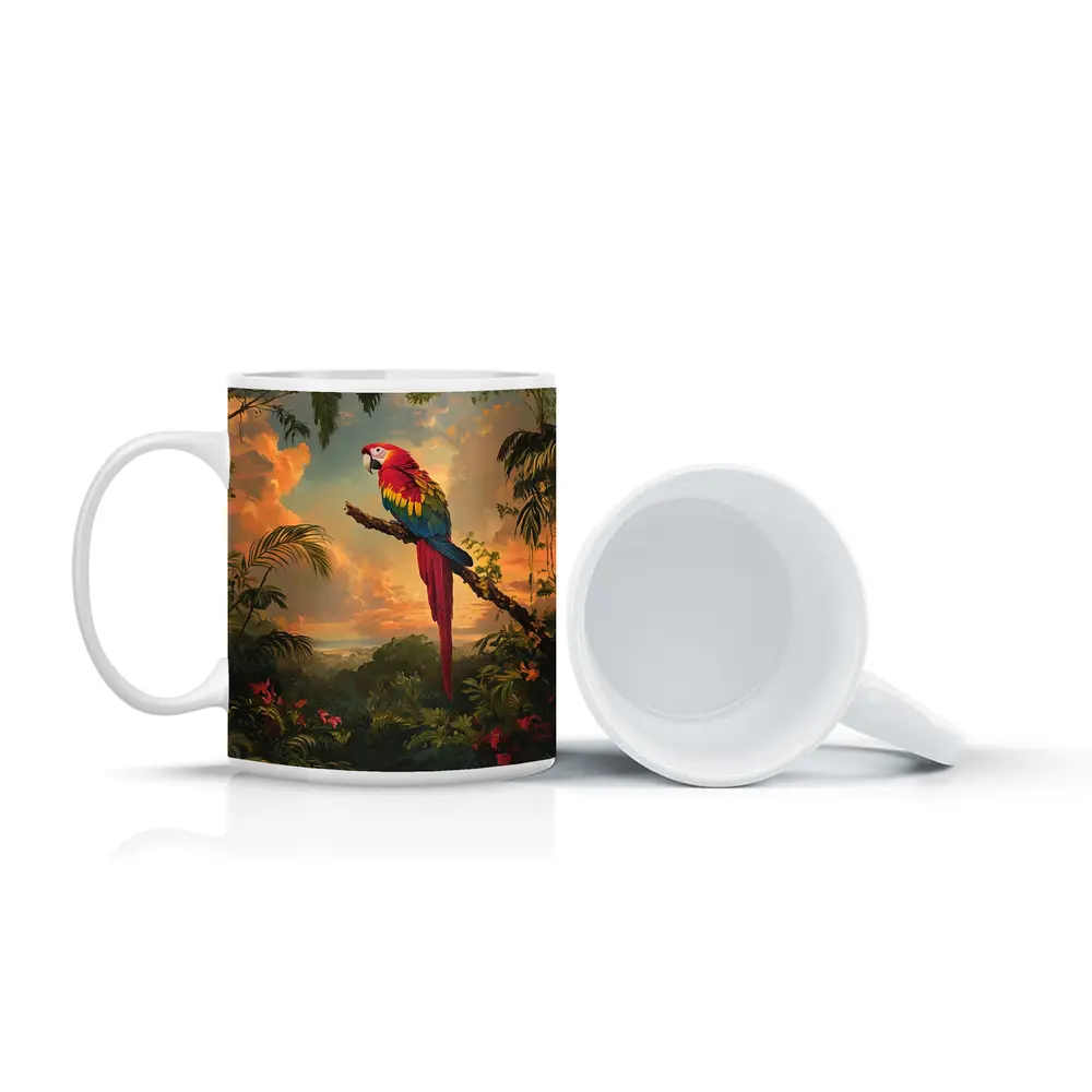 Scarlet Macaw Perched Tropical Jungle Sunset – Mugs