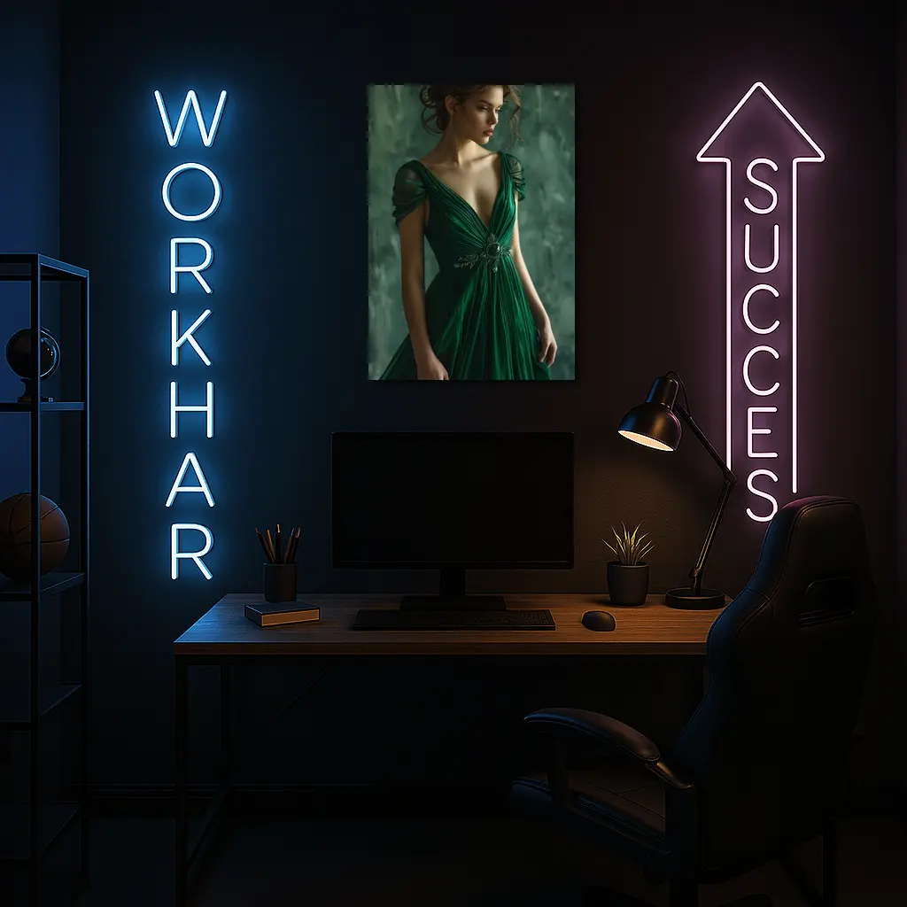 Woman Green Gown Elegant Dark Teal Background – Wall Art