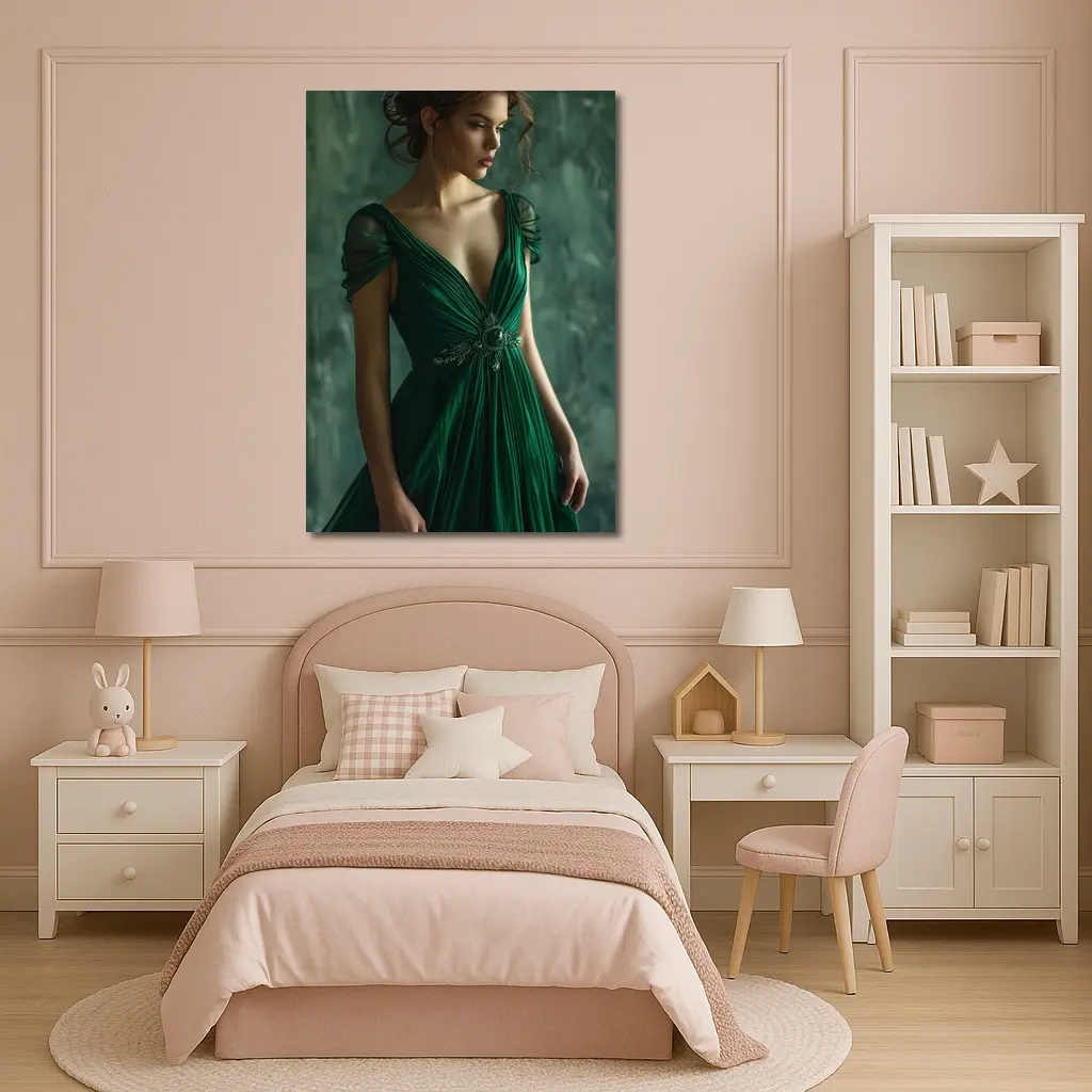 Woman Green Gown Elegant Dark Teal Background – Wall Art