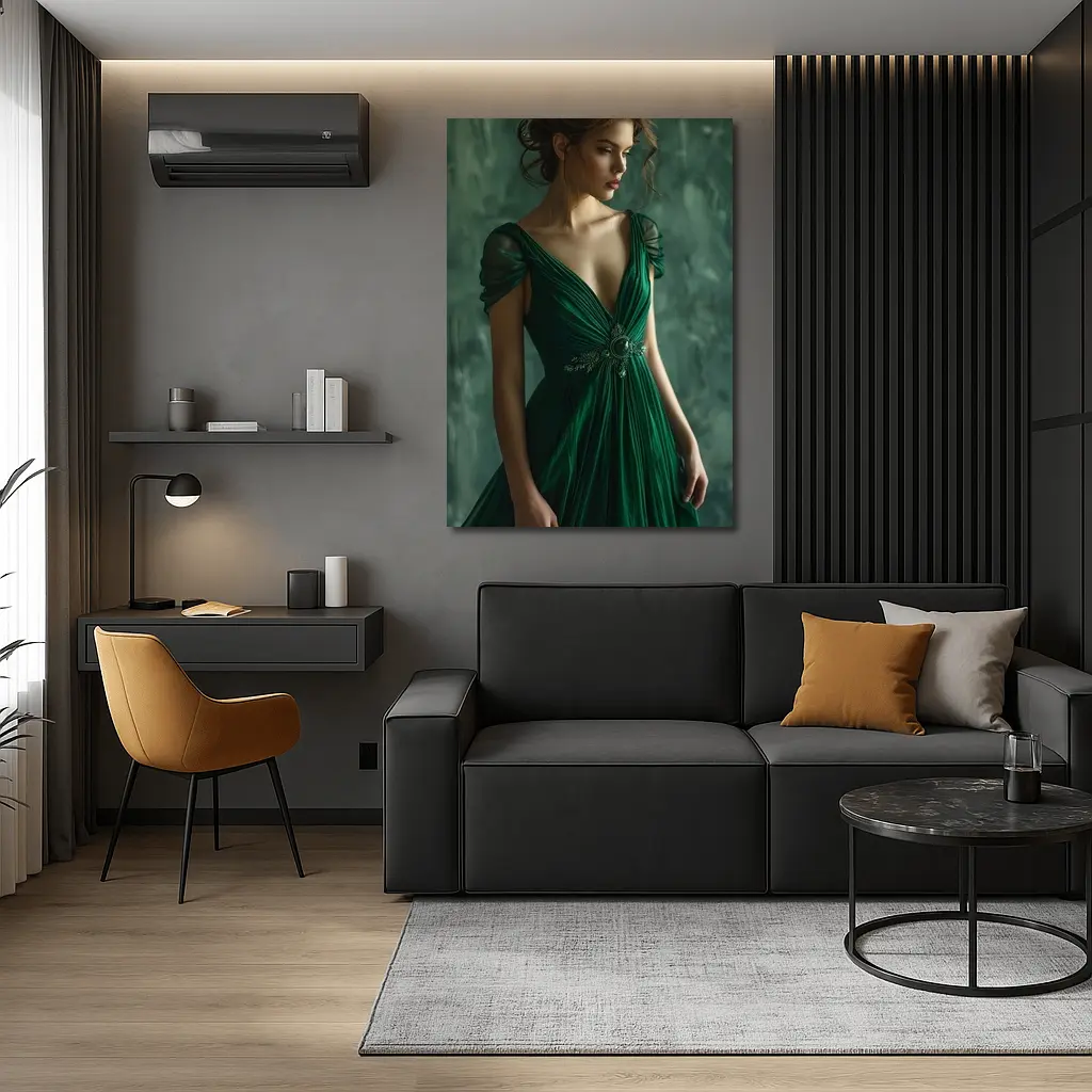 Woman Green Gown Elegant Dark Teal Background – Wall Art